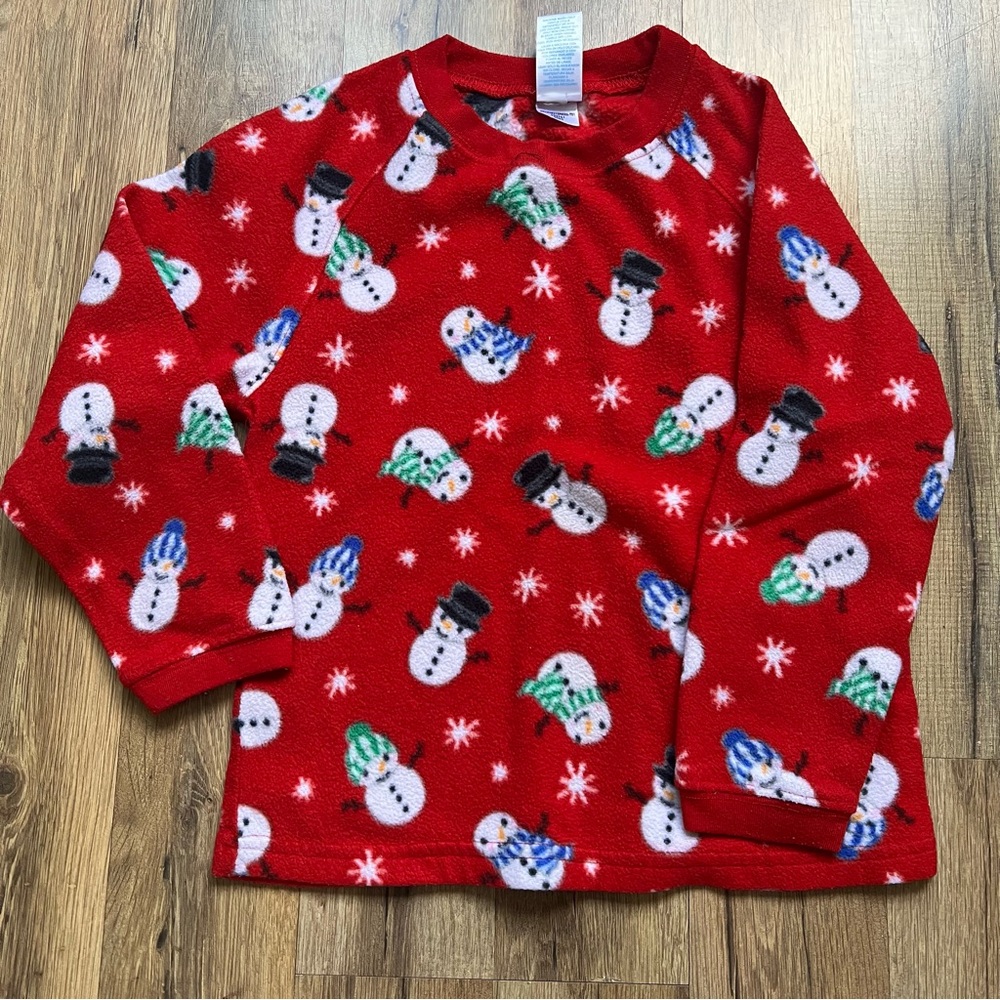 Kids size small red winter pajama set with snowmen